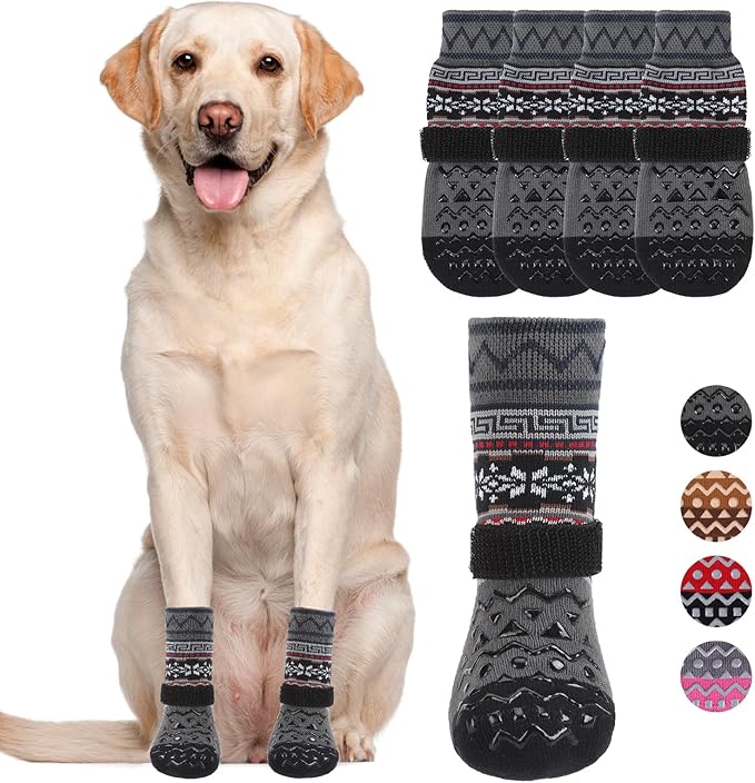 KOOLTAIL Dog Socks to Prevent Licking Paws for Hardwood Floors Anti Slip, Winter Warm Pet Boots&Paw Protector with Grippers, Double Sides Dog Shoes Booties for Small Medium Large Senior Dogs Grey L