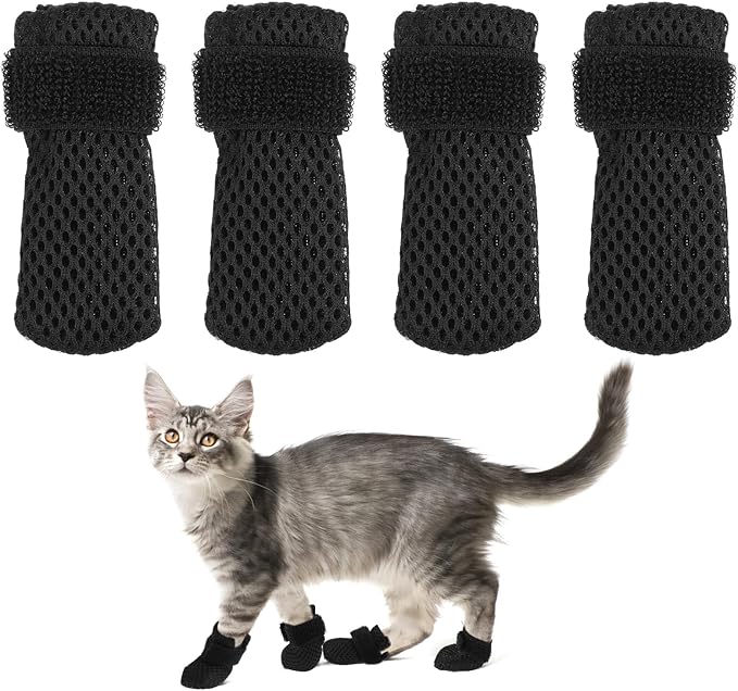 Cat Booties to Prevent Scratching: 4pcs AntiScratch Cat Claw Covers for Feeding Medicine, Pet Grooming, Bathing Shaving Checking, and Nail Trimming, Black Pet Shoes Socks Caps Mittens Paw Protector M