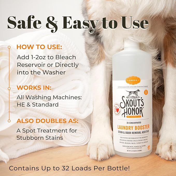 Skout's Honor Laundry Booster Stain & Odor Removal Additive - Plant-Powered Formula for Pet Bedding, Clothing, and Washable Pee Pads - Eco-Friendly & Cruelty-Free, 32 oz, 2-Pack