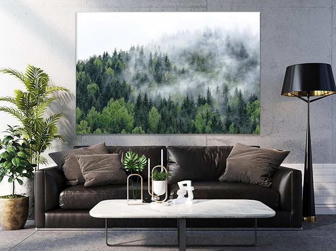 Nature Wall Art Prints - Ocean Forest Mountain Lake Canvas Landscapes - Small to Extra Large Living Room Bedroom Kitchen Bathroom Décor (Pine Trees in Fog, 35L" x 53W")