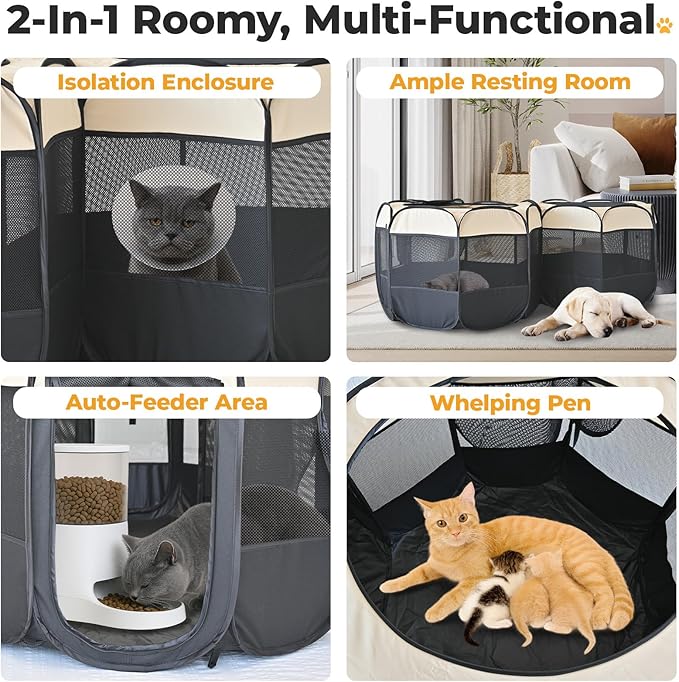 EighteenTek 2-in-1 Pop Up Cat Playpen, Assembly-Free Dog Puppy Pet Playpen, Indoor Outdoor Cats Enclosed, Cat Tent House Crate Cage, Portable & Foldable Playpen for Kittens(No Divider, Unified Space)