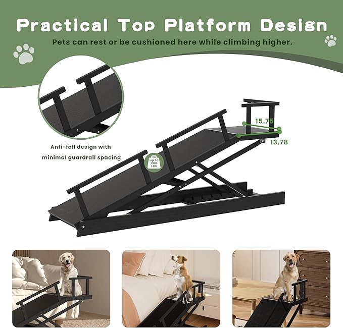 6 Level Height Adjustable Dog Ramp for Bed, Couch 65" Foldable Pet Ramp with Non-Slip Mat，DIY Glow Strips & Rest Platform Heavy Duty Dog Stairs for Large Dogs up to 200Lbs ，Black