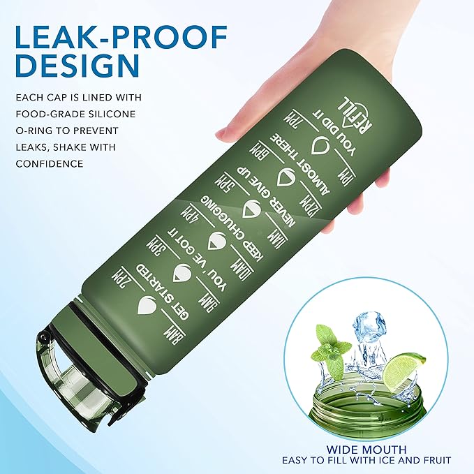 Enerbone Water Bottle, Leakproof BPA & Toxic Free, Motivational Water Bottle with Times to Drink and Straw, Fitness Sports Water Bottle with Strap for Office, Gym, Outdoor Sports
