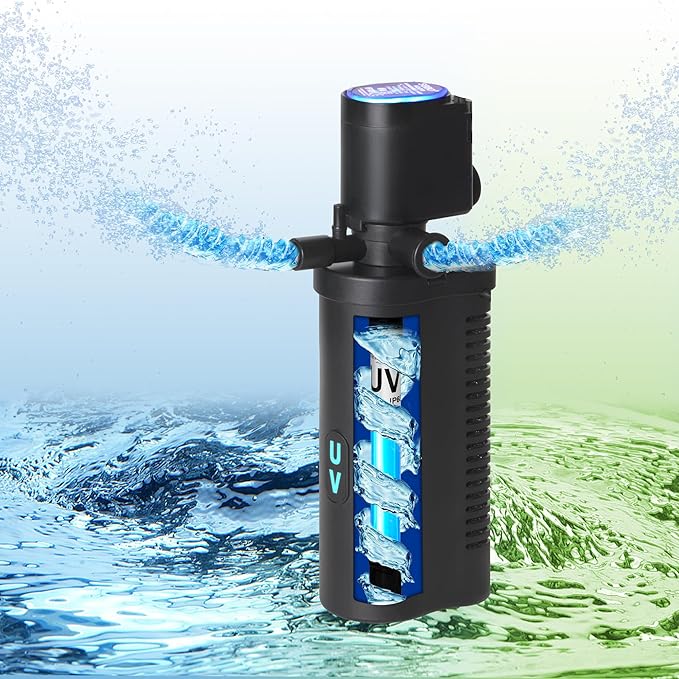 Aquarium U-V Filter 158GPH for 10-45 Gallon Small Betta Fish Turtle Tank, Internal Filter w/ Aeration Bio Sponge Green Clean Machine Green Killing Deodorization Keep Saltwater Freshwater Crystal Clear