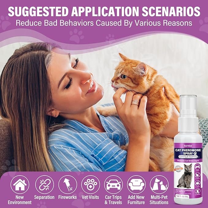 Cat Calming Pheromone Spray, 2 Pack, Calming Spray for Cat Anxiety Relief, Reduce Stress, Hiding & Scratching Furniture - During Travel, Fireworks, Thunder, 60 ML