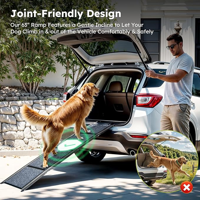 Dog Ramp for Car, 63" Folding Pet Ramp for Large Dogs up to 200 lb, 17" Wide Car Ramp for Dog, Portable Pet Stair Ramp with Nonslip Rug Surface, Outdoor Dog Ramp for Truck SUV High Bed Couch