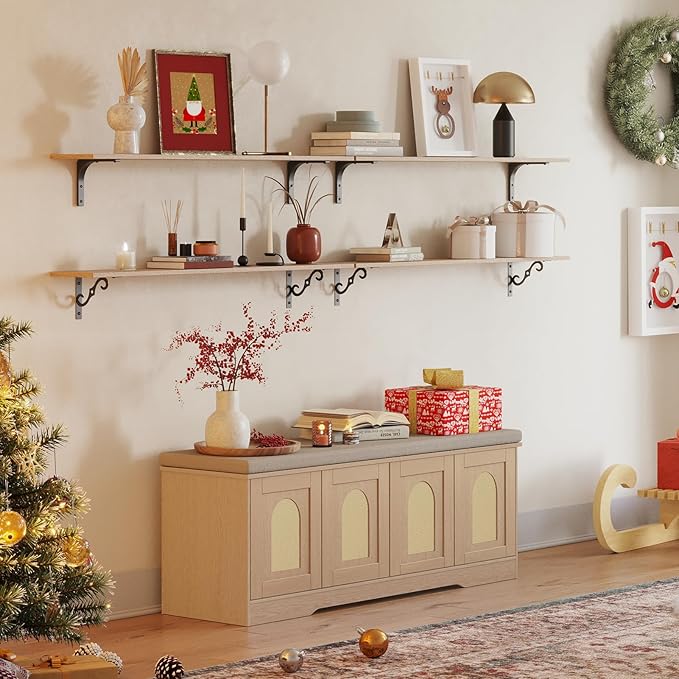 DINZI LVJ Shoe Bench, Entryway Storage Bench with Doors, Cushion, 2-Tier Shoe Rack with 8-Cubby, 47.2”L x 13.8”W Shoe Organizer Cabinet, Adjustable Shelf, Living Room, Bedroom, Natural with Rattan