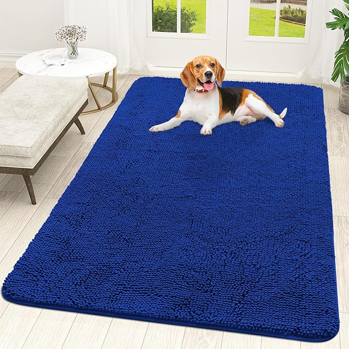 OLANLY Dog Door Mat for Muddy Paws 59x35, Absorbs Moisture and Dirt, Absorbent Non-Slip Washable Doormat, Quick Dry Chenille Mud Mat for Dogs, Entry Indoor Entryway Carpet for Inside Floor, Royal Blue