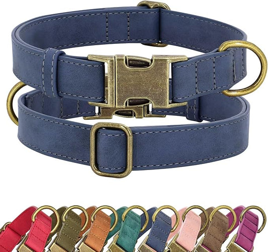 Didog Soft PU Leather Dog Collar, Stylish Quick Released Dog Collars for Small Dogs, Easy Clean Adjustable Pet Collar for Daily Walking, Blue, S Fit 10-16" Neck