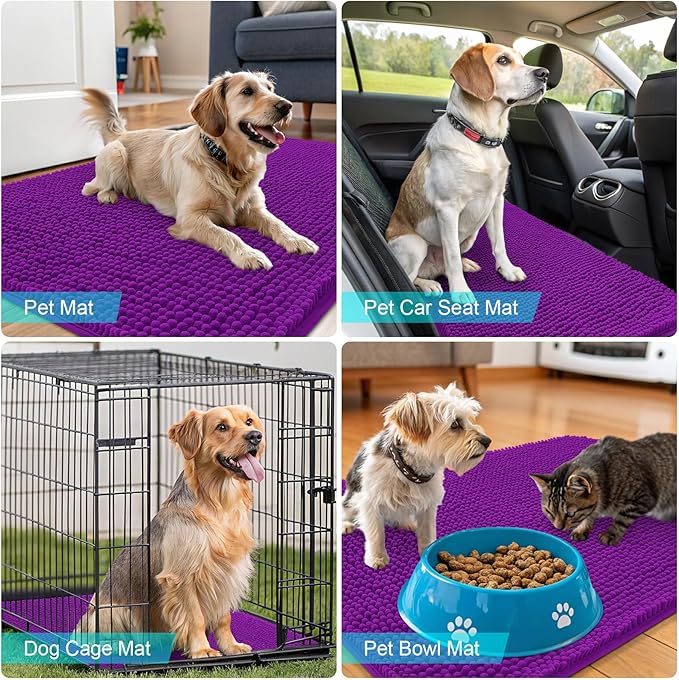 OLANLY Dog Door Mat for Muddy Paws 47x17, Absorbs Moisture and Dirt, Absorbent Non-Slip Washable Doormat, Quick Dry Chenille Mud Mat for Dogs, Entry Indoor Entryway Carpet for Inside Floor, Purple