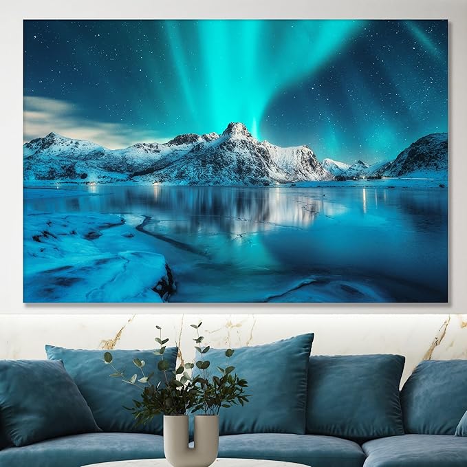 Nature Wall Art Prints - Ocean Forest Mountain Lake Canvas Landscapes - Small to Extra Large Living Room Bedroom Kitchen Bathroom Décor (Northern Lights Over Lake, 20L" x 30W")