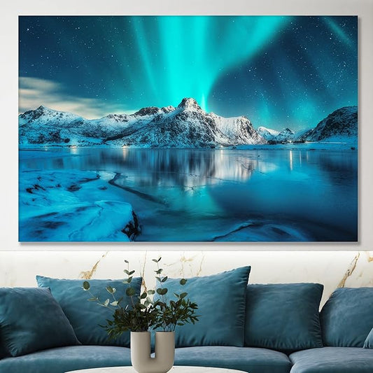 Nature Wall Art Prints - Ocean Forest Mountain Lake Canvas Landscapes - Small to Extra Large Living Room Bedroom Kitchen Bathroom Décor (Northern Lights Over Lake, 24L" x 36W")
