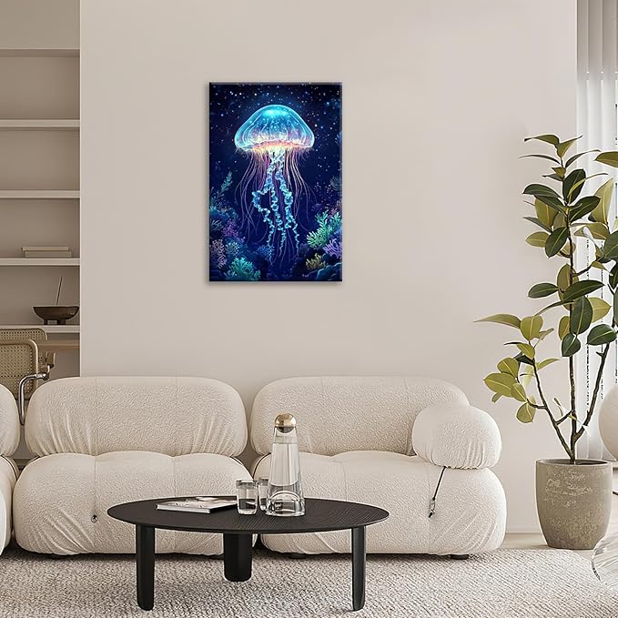 Ocean Jellyfish Wall Art Canvas Coral Fish Wall Decor Prints Framed Painting Underwater Pictures Gifts Artwork for Bathroom Living Dining 16"x24"
