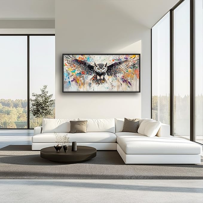 Large Owl Wall Art for Living Room, Framed Oversized Banksy Owl Wall Decor Colorful Wildlife Canvas Painting Animal Pictures Modern Artwork for Living Room Bathroom Bedroom Office Dining Room 60"x30"