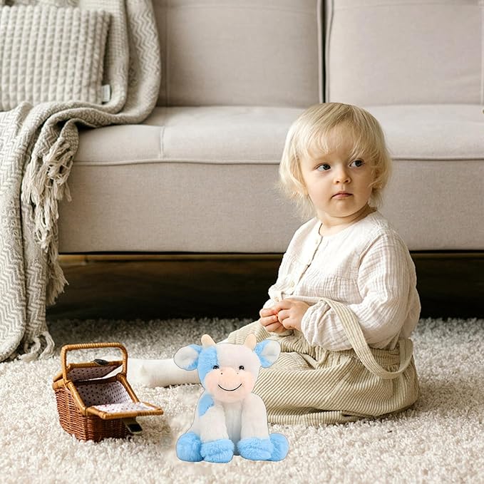 Blue and White Cow Weighted Stuffed Animal 20cm/7.87in Cute Sitting Cow Plush Toy with Smile Soft Fluffy Small Farm Plushie for Kids Adults Birthday Festival Gift Bed Home Office Decor Toys