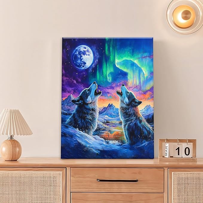 Wolf Wall Art Wolves Canvas Wall Decor Prints Framed Painting Aurora Pictures Gifts Artwork for Bathroom Bedroom Living Dining 16"x20"