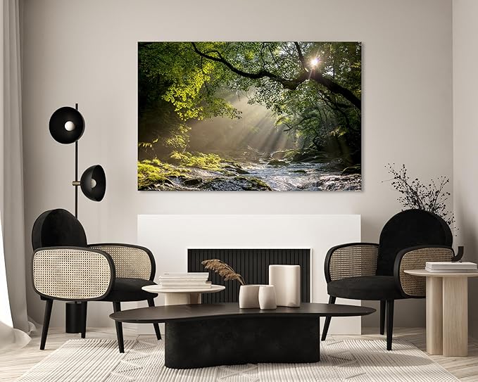 Nature Wall Art Prints - Ocean Forest Mountain Lake Canvas Landscapes - Small to Extra Large Living Room Bedroom Kitchen Bathroom Décor (Rocky River in the Woods, 31L" x 47W")