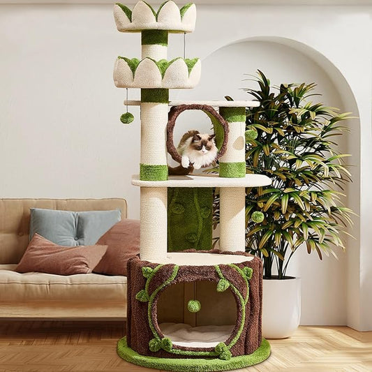 73‘’ Tall Flower Cat Tree for Indoor Cats Large Adult, Luxury Cat Tower with Scratching Post, Heavy Duty Modern Cat Furniture for Large Cats, Removable Mats, Multi-Level Cat House with Toy Ball