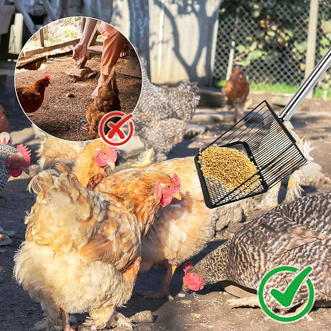 Chicken Poop Scooper for Sand 10 Inch, Chicken Coop Scoop Large Metal with Adjustable Handle, Multifunctional Coop Scoop Rake Set Sifting Shovel, Heavy Duty Pooper Shovel Tool Accessories