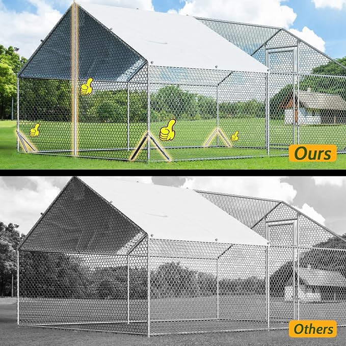4ever2buy Large Metal Chicken Coop with Run Walk-in Poultry Cage Chicken Runs House Pen Cage Spire Roofed Chicken Coops with Anti-Ultraviolet Cover for Outdoor Yard Farm Use 9.8’L x 13.1’W x 6.4’H
