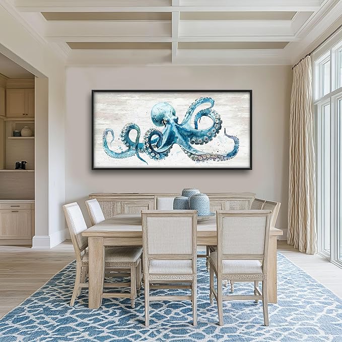 Octopus Large Wall Art Ocean Sea Nautical Pictures Rustic Blue Octopus Animal Wall Decor Canvas Print Painting Artwork for Bathroom Living Room Bedroom 60L" x 30W"