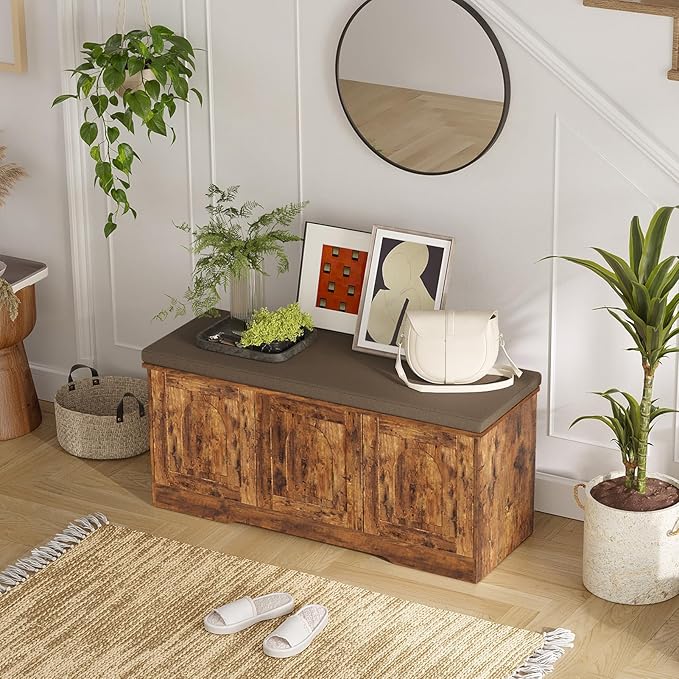 DINZI LVJ Shoe Bench, Entryway Storage Bench with Doors, Cushion, 2-Tier Shoe Rack with 6-Cubby, 39.4”L x 13.8”W Shoe Organizer Cabinet, Adjustable Shelf, Living Room, Bedroom, Rustic Brown