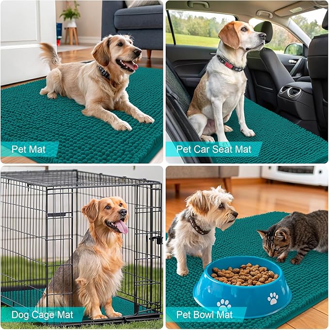 OLANLY Dog Door Mat for Muddy Paws 44x24, Absorbs Moisture and Dirt, Absorbent Non-Slip Washable Doormat, Quick Dry Chenille Mud Mat for Dogs, Entry Indoor Entryway Carpet for Inside Floor, Lake Blue