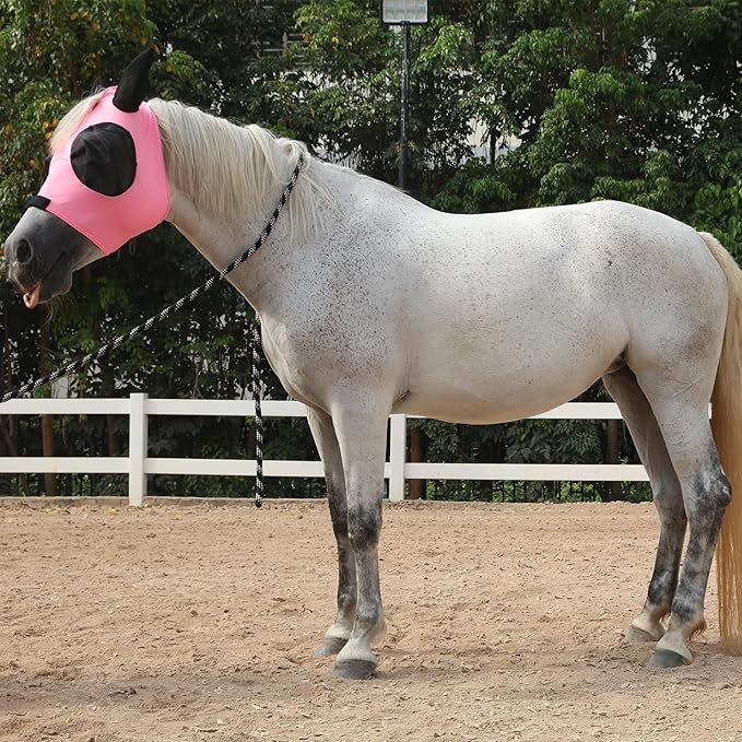 Horse Fly Mask with Ears - Large Eye Space for Full Vision, Breathable Stretch Comfort Fit, UV Protection, Forelock Opening, Easy Pull-On Pink Pony