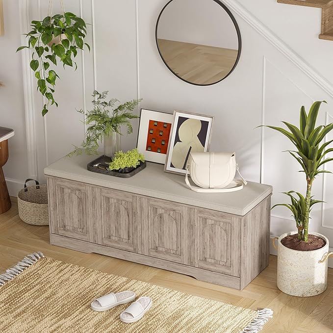 DINZI LVJ Shoe Bench, Entryway Storage Bench with Doors, Cushion, 2-Tier Shoe Rack with 8-Cubby, 47.2”L x 13.8”W Shoe Organizer Cabinet, Adjustable Shelf, Living Room, Bedroom, Greige