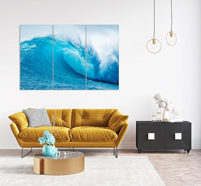 Nature Wall Art Prints - Ocean Forest Mountain Lake Canvas Landscapes - Small to Extra Large Living Room Bedroom Kitchen Bathroom Décor (Blue Ocean Wave, 35L" x 53W" - 3 Panels)