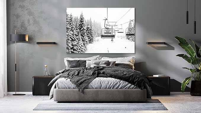 Nature Wall Art Prints - Ocean Forest Mountain Lake Canvas Landscapes - Small to Extra Large Living Room Bedroom Kitchen Bathroom Décor (Ski Lift on Snowy Mountain, 31L" x 47W")
