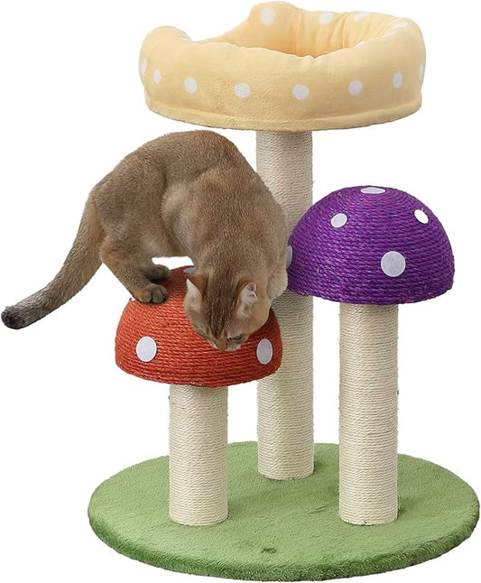 CTR1001A Pixie 22.5" 3-Tier Cottage Sisal Mushroom Cat Tree with Scratching Posts, Napping Perch, and Dangling Bell Toy, Multi