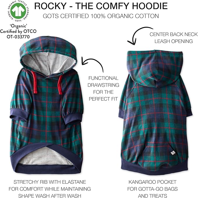 Rocky – The Orginal Lightweight Hooded TEE 100% Organic Cotton Dog Hoodie Pet Coat Sweater for Small, Medium, Large Dogs, Black Watch Plaid, Small
