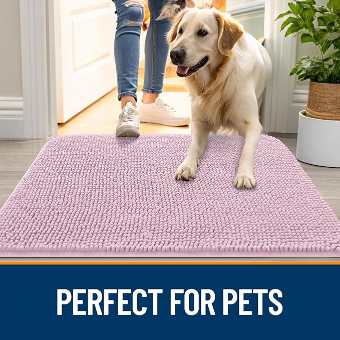 OLANLY Dog Door Mat for Muddy Paws 47x17, Absorbs Moisture and Dirt, Absorbent Non-Slip Washable Doormat, Quick Dry Chenille Mud Mat for Dogs, Entry Indoor Entryway Carpet for Inside Floor, Dusty Rose