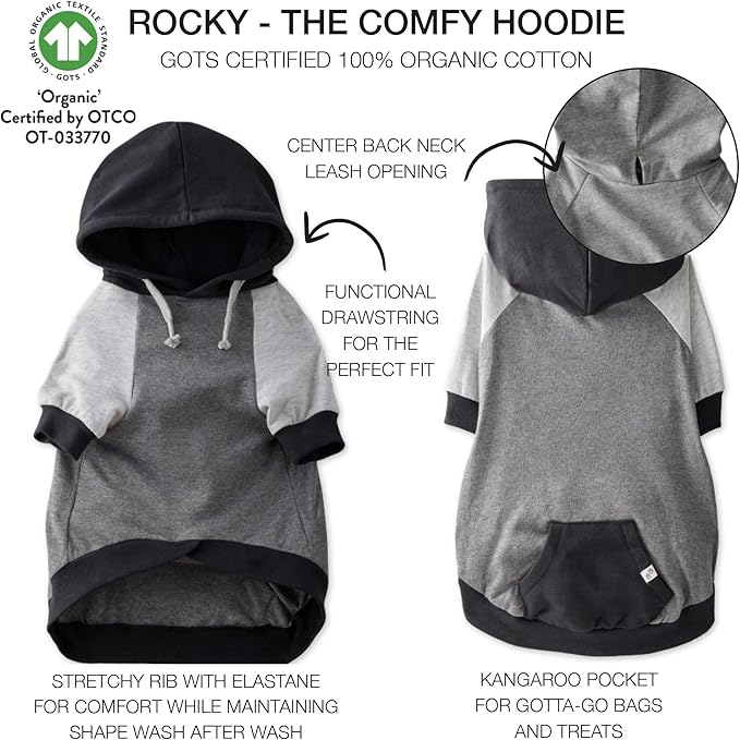 Rocky – The Orginal Lightweight Hooded TEE 100% Organic Cotton Dog Hoodie Pet Coat Sweater for Small, Medium, Large Dogs, Black Color Block, Small