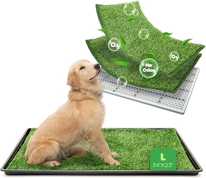 Dog Grass Pad with Tray, 34×23in Large Litter Box, 2×Grass Pad for Dogs Potty Washable, Thick Soft Odor-Free Hemmed Dog Pee Grass, Indoor Potty Training Balcony