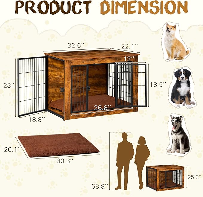 Bigrab Dog Crate Furniture with Thick Cushion, Side End Table Wooden Dog Cage with Double Doors, Chew-Resistant Dog Kennel Dog House Indoor for Small to Large Dog, M