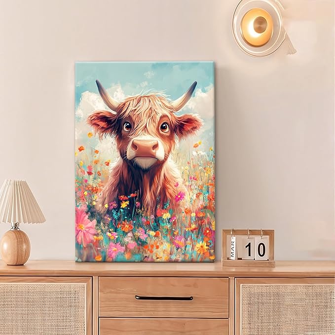 Highland Cow Wall Art Canvas Flower Cattle Wall Decor Prints Framed Painting Animal Pictures Gifts Artwork for Bathroom Living Dining Kitchen 16"x24"