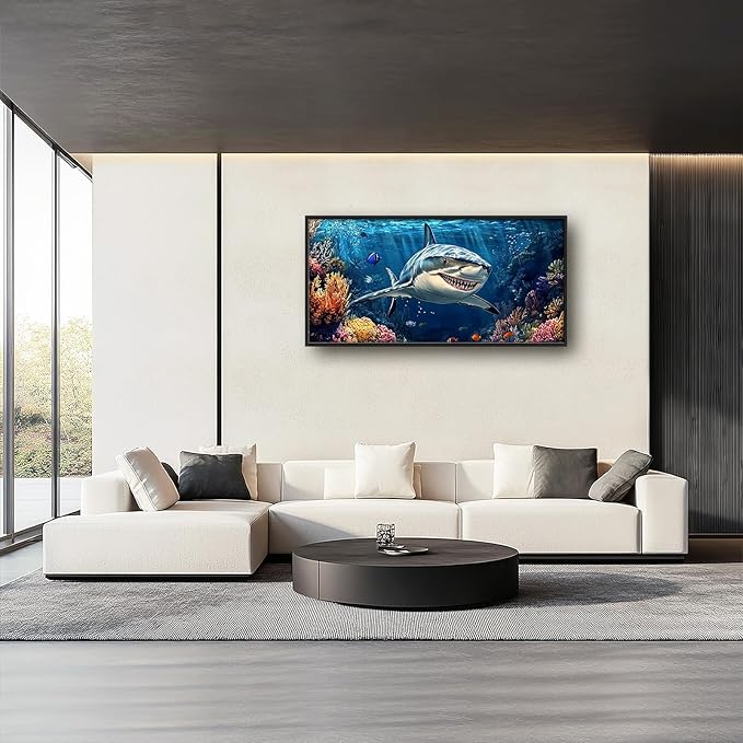 Large Ocean Shark Wall Art for Living Room, Framed Oversized Shark Fish Wall Decor Underwater Marine Life Canvas Painting Modern Artwork for Living Room Bathroom Bedroom Office Dining Room 60"x30"