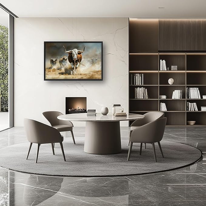 Highland Cow Large Wall Art Western Running Longhorn Pictures Rustic Wild Animal Wall Decor Canvas Print Painting Artwork for Bathroom Living Room Bedroom 36L" x 24W"