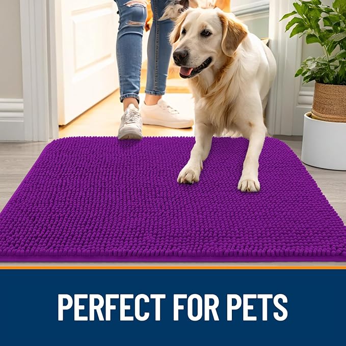 OLANLY Dog Door Mat for Muddy Paws 70x35, Absorbs Moisture and Dirt, Absorbent Non-Slip Washable Doormat, Quick Dry Chenille Mud Mat for Dogs, Entry Indoor Entryway Carpet for Inside Floor, Purple