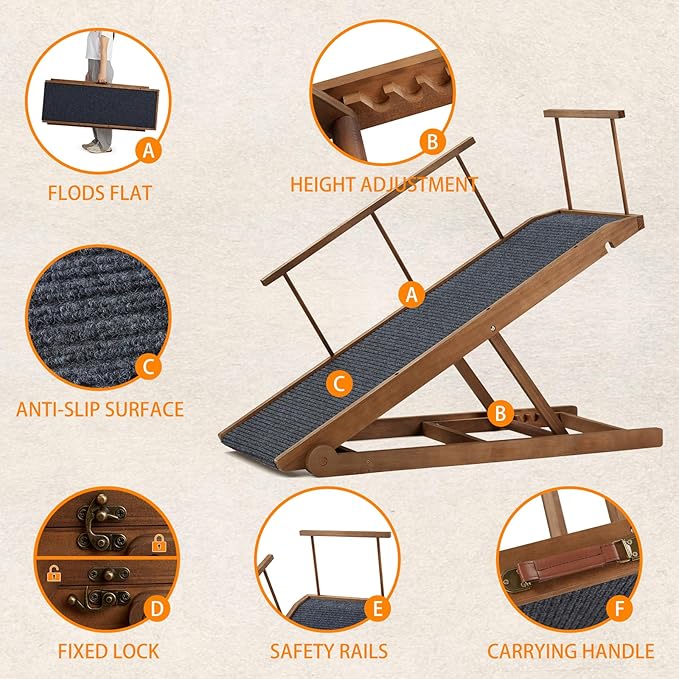 Dog Ramp for Bed, Dog Stairs for Small and Large Dogs, Portable Dog Steps for Bed, Couch, Car, Adjustable Pet Ramp, Anti-Slip Traction Mat Pet Steps, Support up to 210 lbs (Log Color, LENTH-55.1IN)