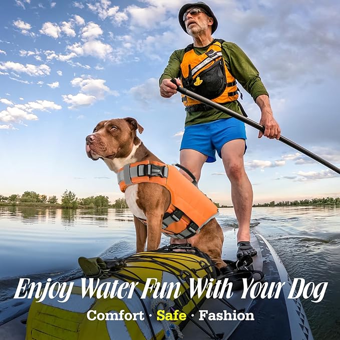 Pawaboo Dog Life Jacket, Reflective Dog Safety Vest Adjustable Pet Life Preserver with Strong Buoyancy & Sturdy Rescue Handle, Ripstop Dog Lifesaver Vests for Swimming, Boating, L, Orange