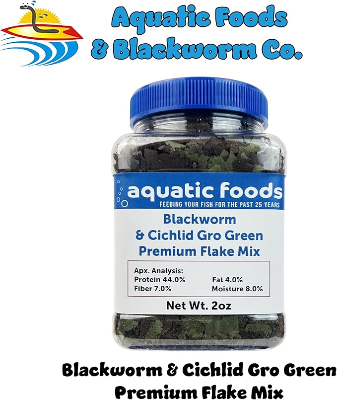 Aquatic Foods Inc. California Blackworm & Cichlid Green GRO Premium Flakes for Discus, Cichlids All Community Tropical Fish Also Pellet Mix, Wafer Mix Included…2oz