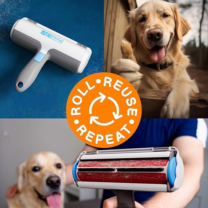 Triton Pet Hair Remover w/Fur Trapping Compartment - Easy to Use Pet Hair Removal Tool - Cat & Dog Hair Remover for Couch, Furniture, Clothes, Bedding, Car - Reusable Lint Roller