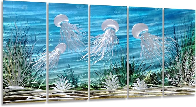 SYGALLERIER Coastal Metal Wall Art Handcrafted 3D Jelly Fish Aluminum Artwork Modern Sea World Pictures Contemporary Abstract Sculpture for Living Room Bedroom Bathroom Decor