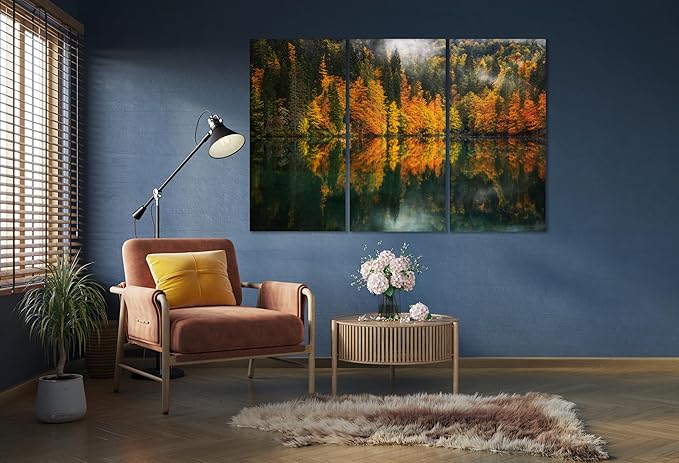 Nature Wall Art Prints - Ocean Forest Mountain Lake Canvas Landscapes - Small to Extra Large Living Room Bedroom Kitchen Bathroom Décor (Autumn by the Lake, 39L" x 59W" - 3 Panels)