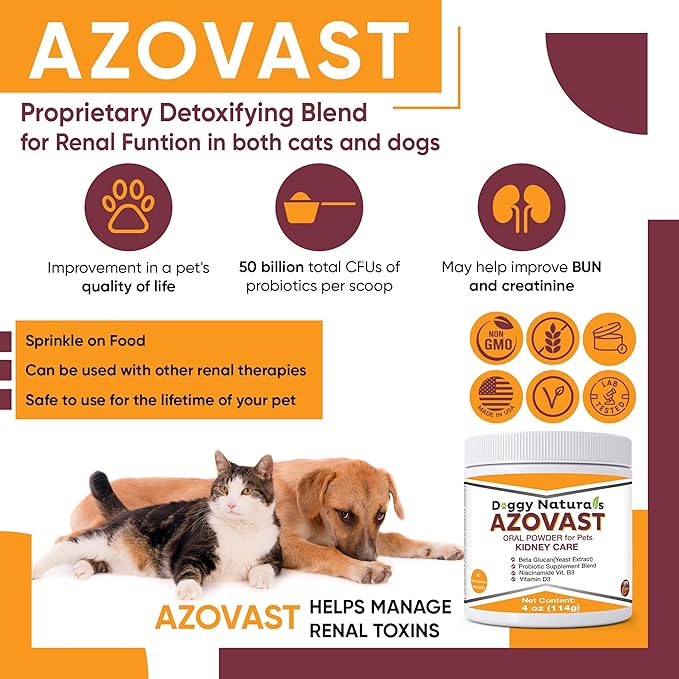 Azovast Powder Kidney Restores & Kidney Powder for Dogs & Cats, (4 Oz) - (175 Scoop/Jar) NO Refrigeration Required - Help Support Kidney Function & Manage Renal Toxins (Made in U.S.A) (4 Oz)