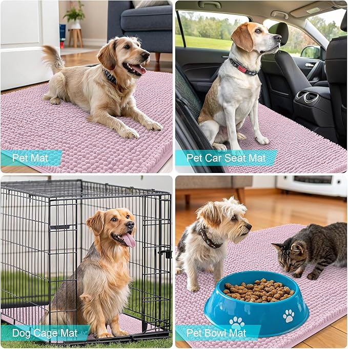 OLANLY Dog Door Mat for Muddy Paws 24x16, Absorbs Moisture and Dirt, Absorbent Non-Slip Washable Doormat, Quick Dry Chenille Mud Mat for Dogs, Entry Indoor Entryway Carpet for Inside Floor, Dusty Rose