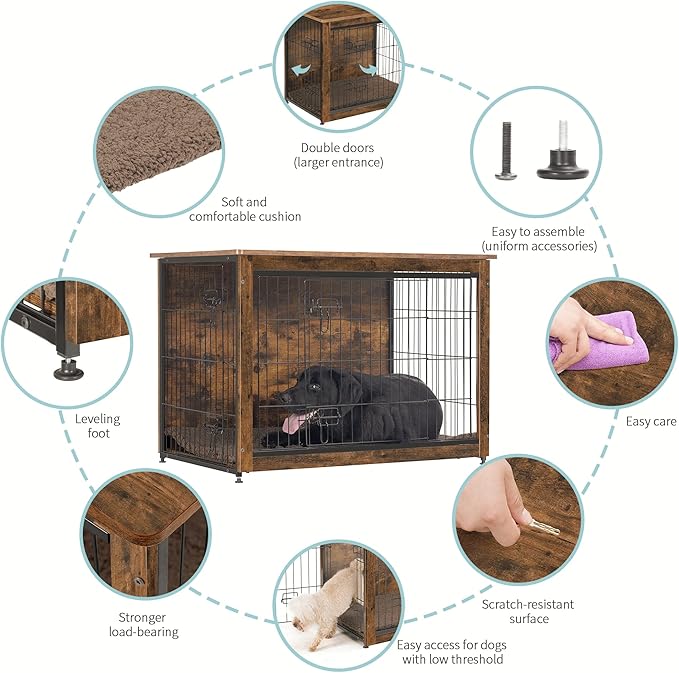 DWANTON Dog Crate Furniture with Cushion, Wooden Kennel Table with Double Doors, Indoor Dog House, Large Size, 38.5" L, Rustic Brown